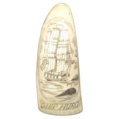 Scrimshaw of a vertically engraved whale tooth Ship Huron dated 1839 cm 9