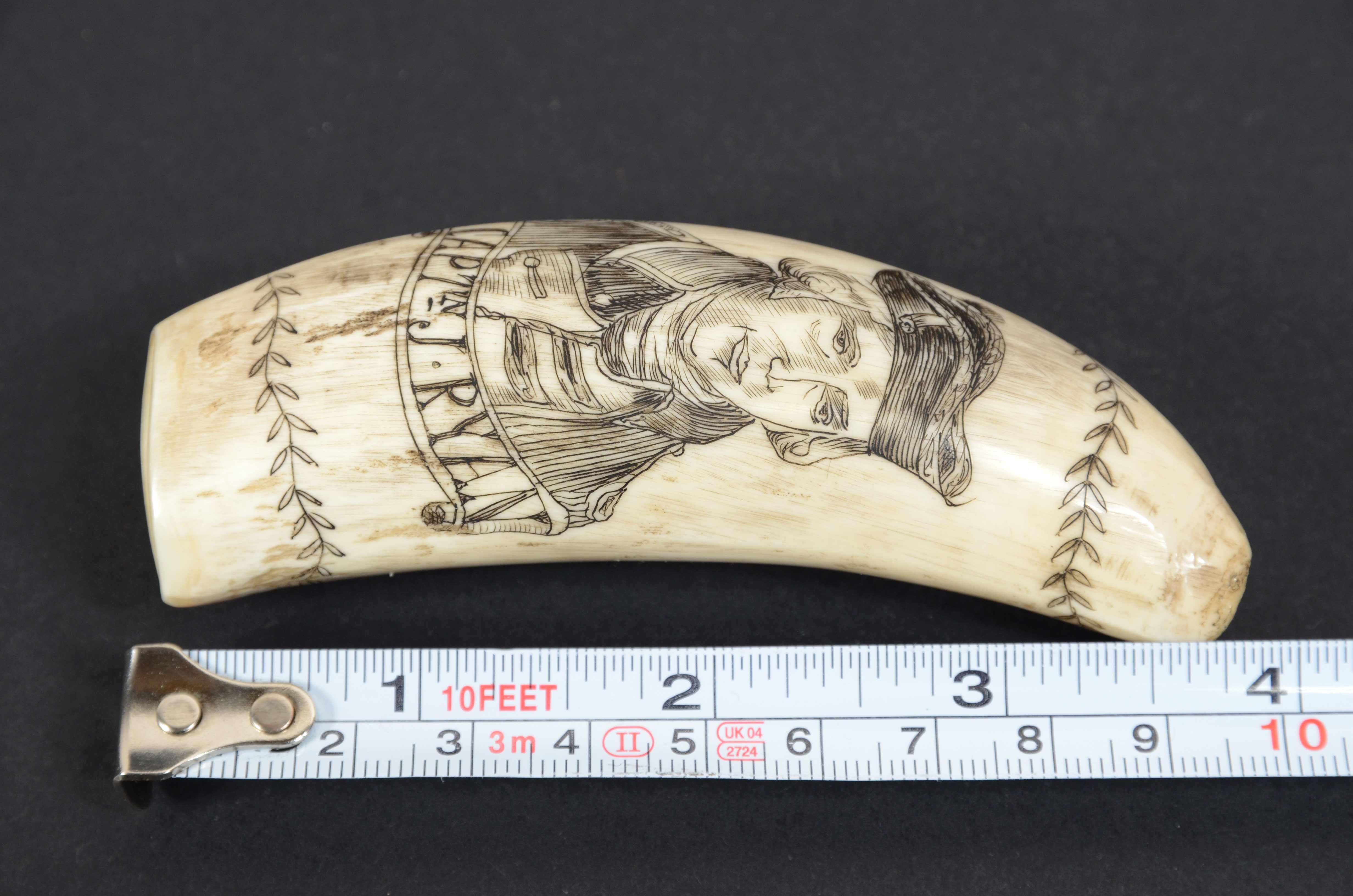 Scrimshaw of a vertically engraved orca tooth with half bust Captain RYAN For Sale 7