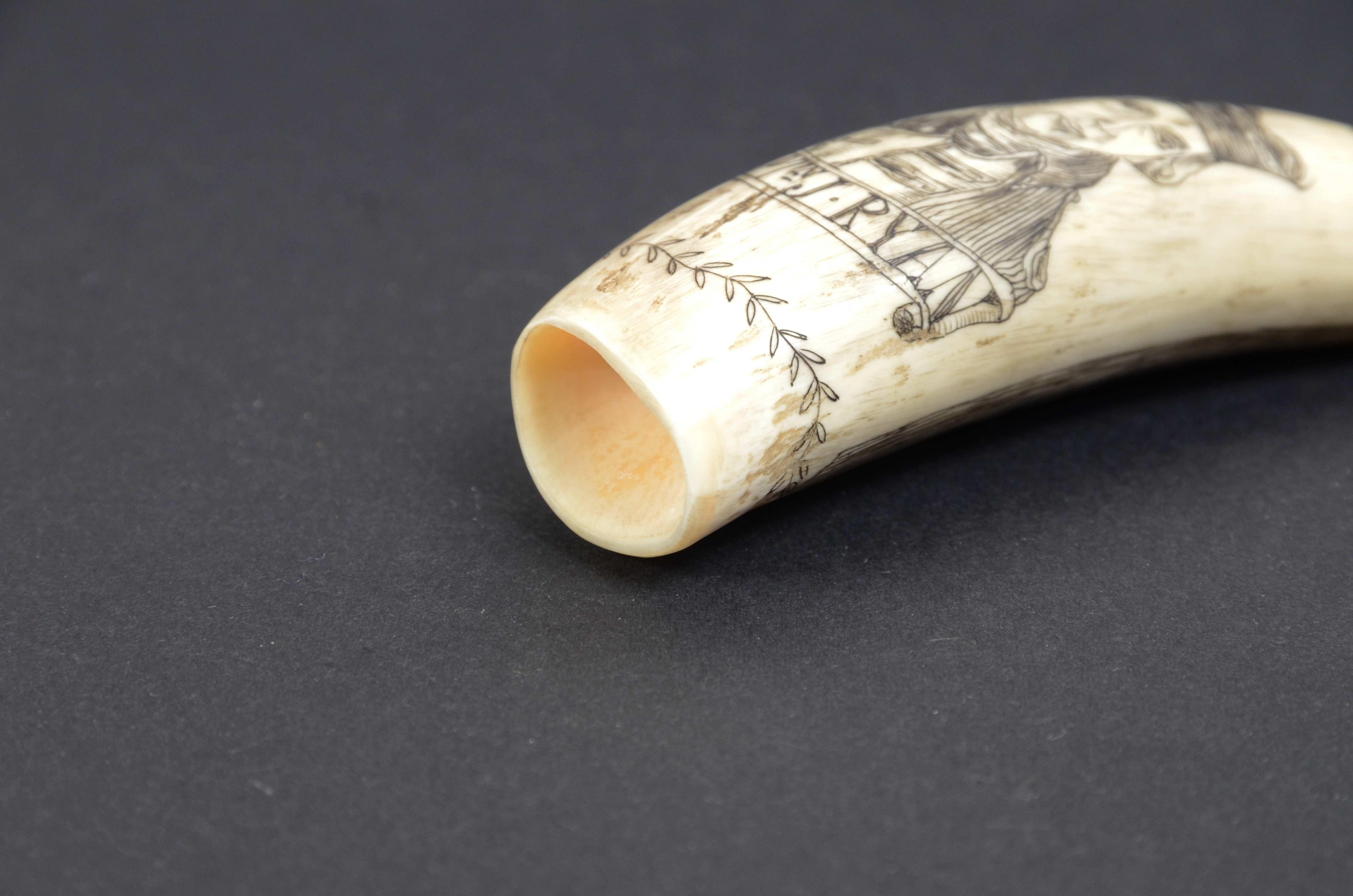 Scrimshaw of a vertically engraved orca tooth with half bust Captain RYAN For Sale 2