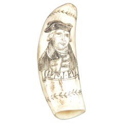 Antique Scrimshaw of a vertically engraved orca tooth with half bust Captain RYAN