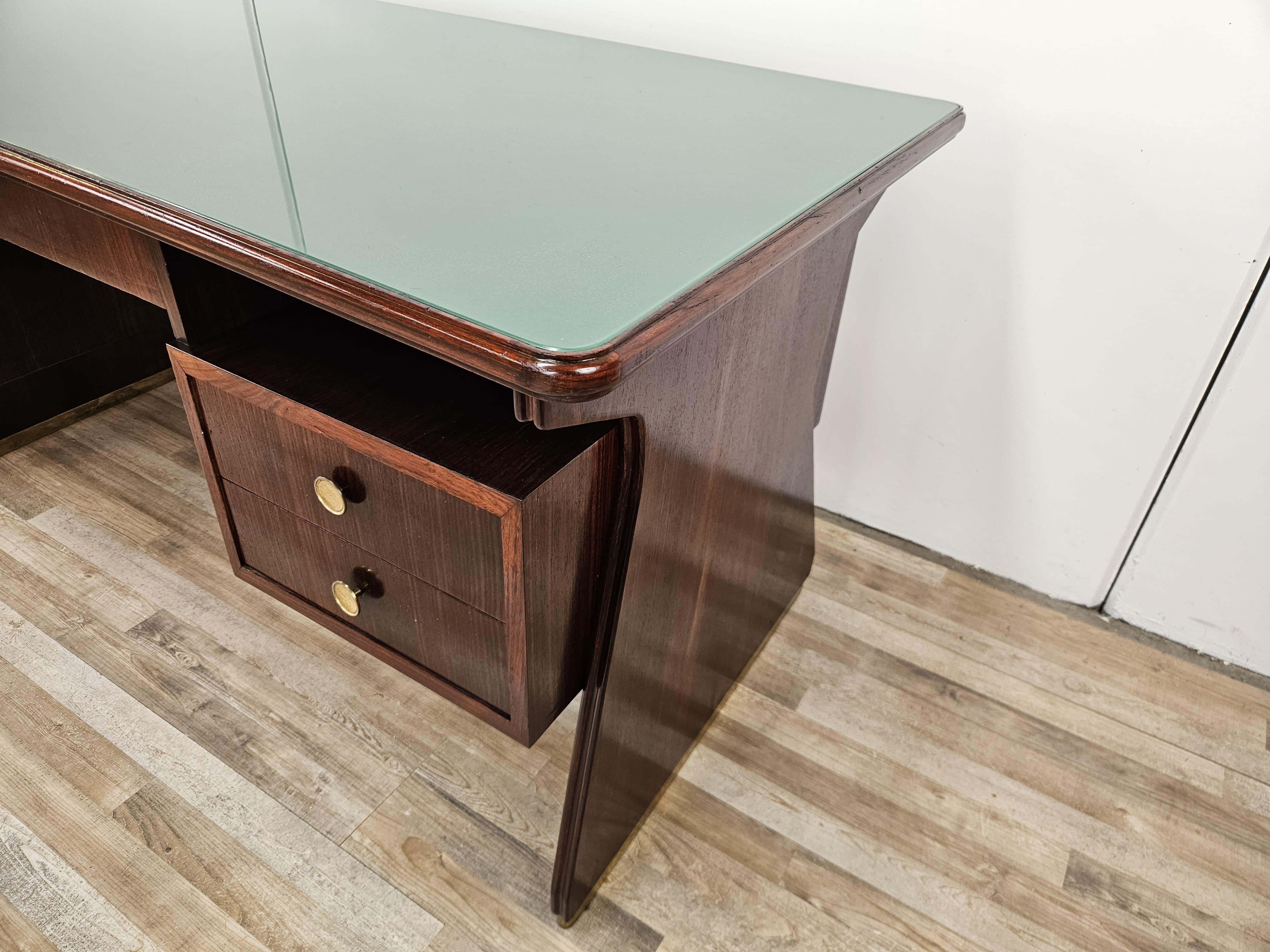 Art Deco 1960s exotic wood glass and brass desk attr. to La Permanente Furniture For Sale