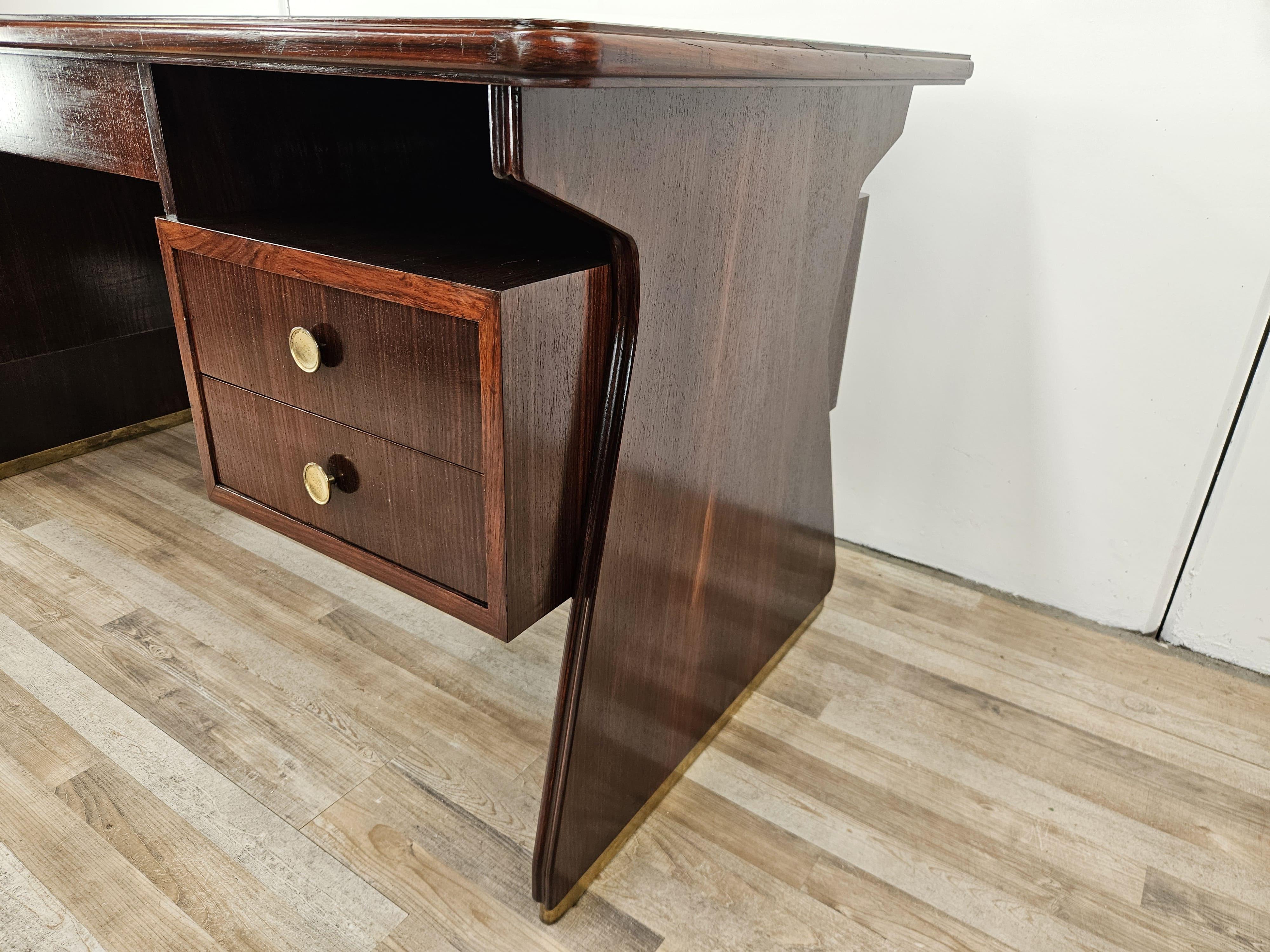 Italian 1960s exotic wood glass and brass desk attr. to La Permanente Furniture For Sale