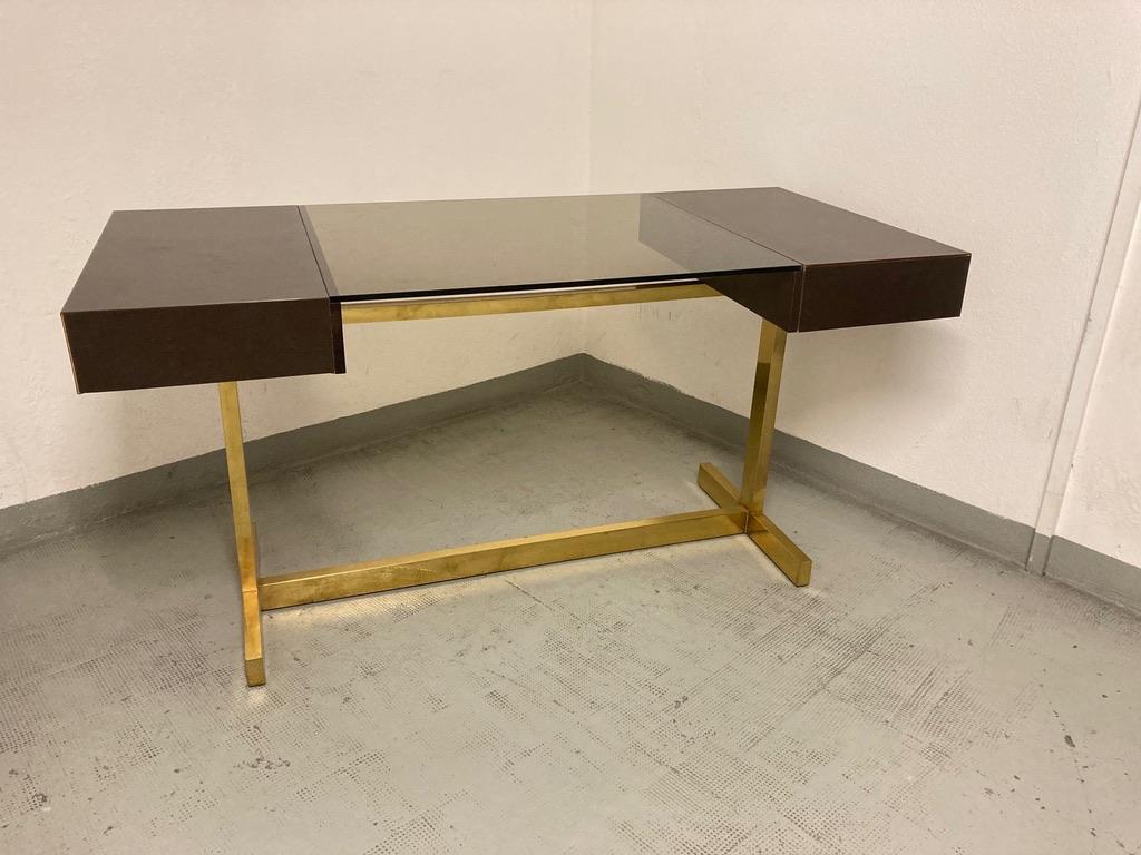 Beautiful elegant brass and dark brown lacquered wood desk 