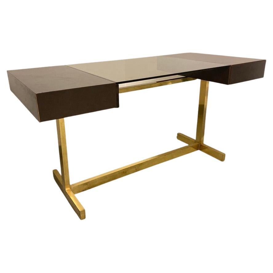 Scrivania Brass & Lacquer Signed Writing Desk by Willy Rizzo, Italy, ca. 1972 For Sale