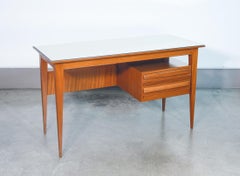 Bureau de salon de style italien des années 70, en bois, avec plateau en verre