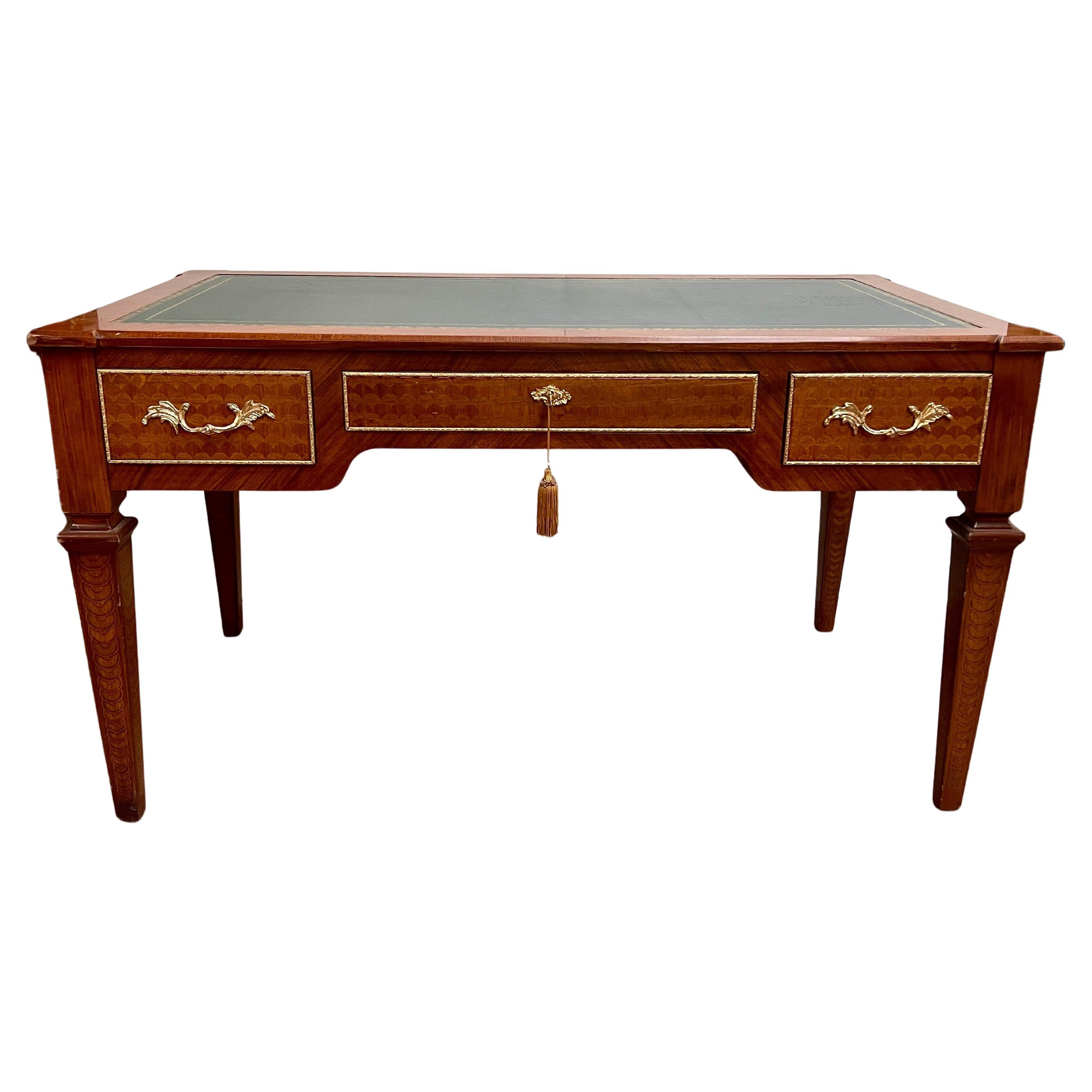 Classic Italian Style Studio Desk in 1980s Inlaid Wood and Leather