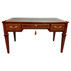 Classic Italian Style Studio Desk in 1980s Inlaid Wood and Leather