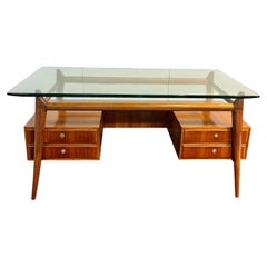 1940s/50s Italian wooden desk with hand-cut glass top