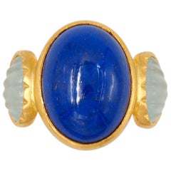 Scrives 10.41 Carat Lapis Lazuli Cabochon Aquamarine Shell 22 Karat Gold Ring