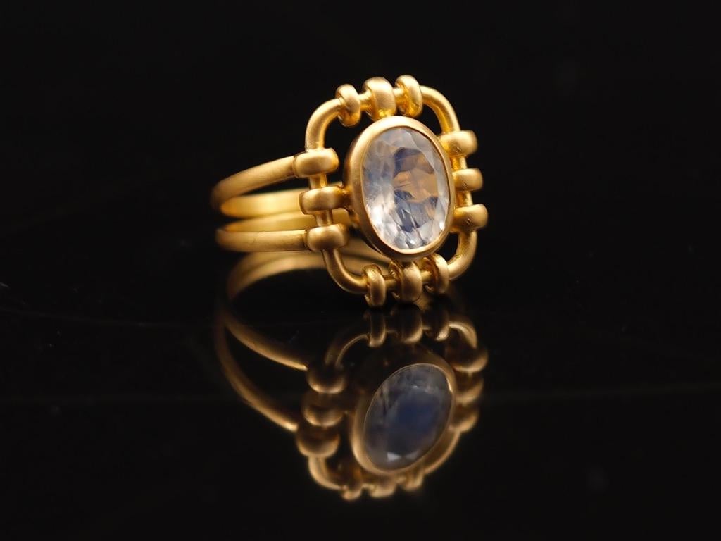 Oval Cut Scrives 1.68 Carat Moonstone 22 Karat Gold Coktail Handmade Ring For Sale