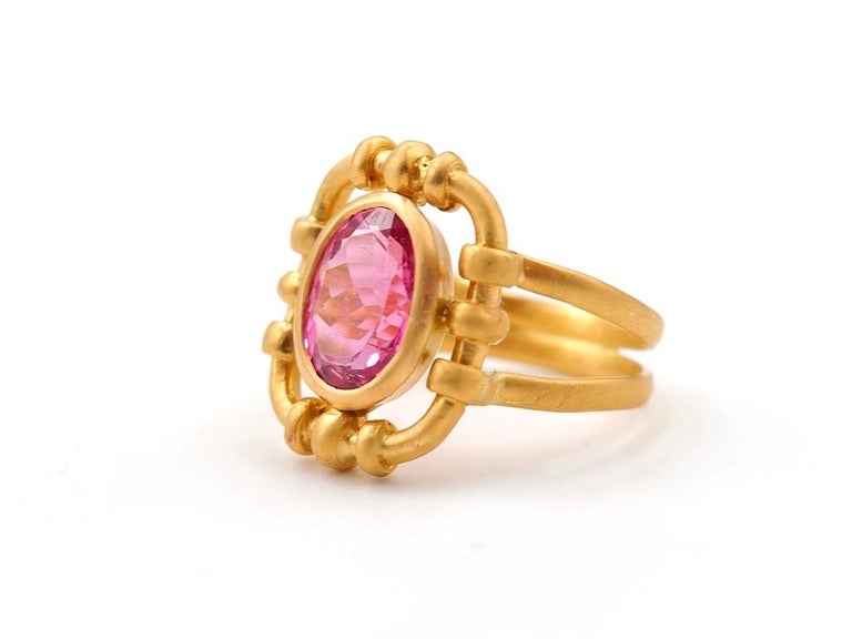 Contemporary Scrives 2.83 Carat Hot Pink Oval Tourmaline 22 Karat Gold Cocktail Handmade Ring For Sale