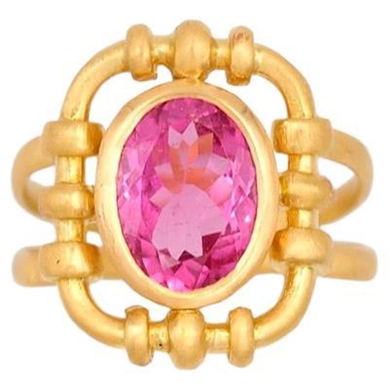 Scrives 2.83 Carat Hot Pink Oval Tourmaline 22 Karat Gold Cocktail Handmade Ring For Sale