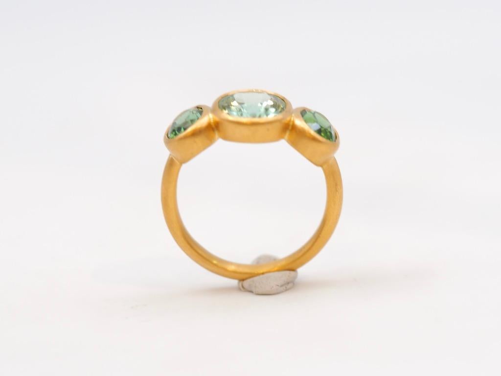 Scrives 4.17 Carat Green Tourmaline Three Stones 22 Karat Gold Handmade Ring For Sale 4