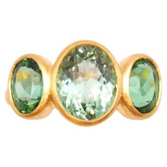 Retro Scrives 4.17 Carat Green Tourmaline Three Stones 22 Karat Gold Handmade Ring