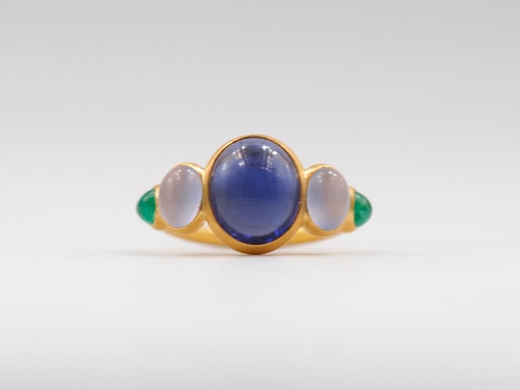 Contemporary Scrives 4.17 Carat Iolite Blue Chalcedony Emerald Cabochons 22 Karat Gold Ring