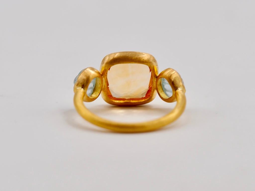 Scrives 4.53 Carat Citrine Cushion Aquamarine Shell 22 Karat Gold Handmade Ring For Sale 1