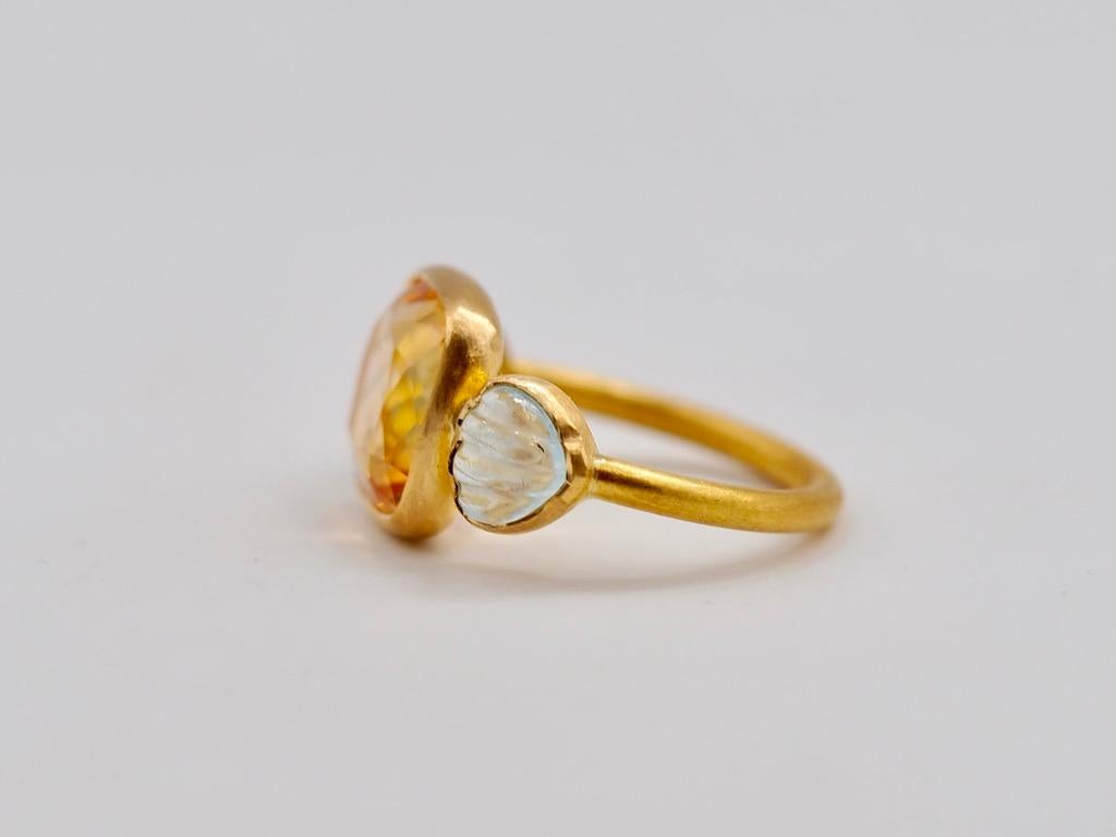 Women's Scrives 4.53 Carat Citrine Cushion Aquamarine Shell 22 Karat Gold Handmade Ring For Sale