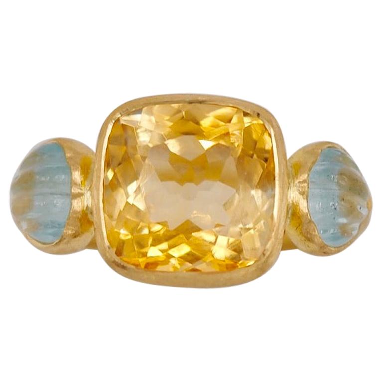 Scrives 4.53 Carat Citrine Cushion Aquamarine Shell 22 Karat Gold Handmade Ring