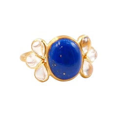 Scrives 4.8 Carat Lapis Lazuli Cabochon Moonstone Pear Shape 22 Karat Gold Ring