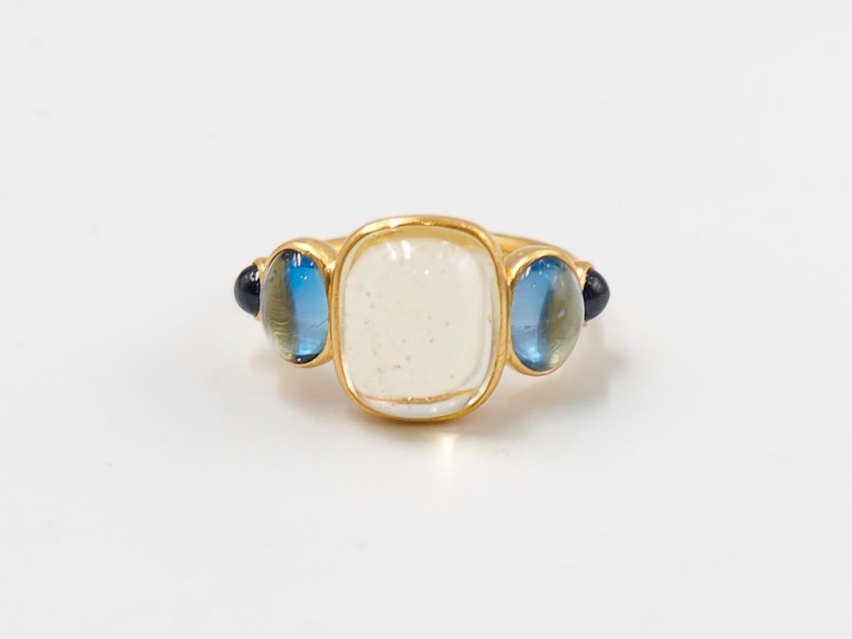 Scrives 5.3 Carat Heliodor Aquamarine Sapphire Cabochons 22 Karat Gold Ring In New Condition In Paris, Paris