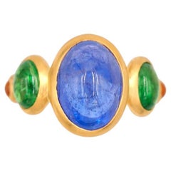 Retro Scrives 5.85 Carat Tanzanite Tzavorite Orange Sapphire Cabochon 22Kt Gold Ring