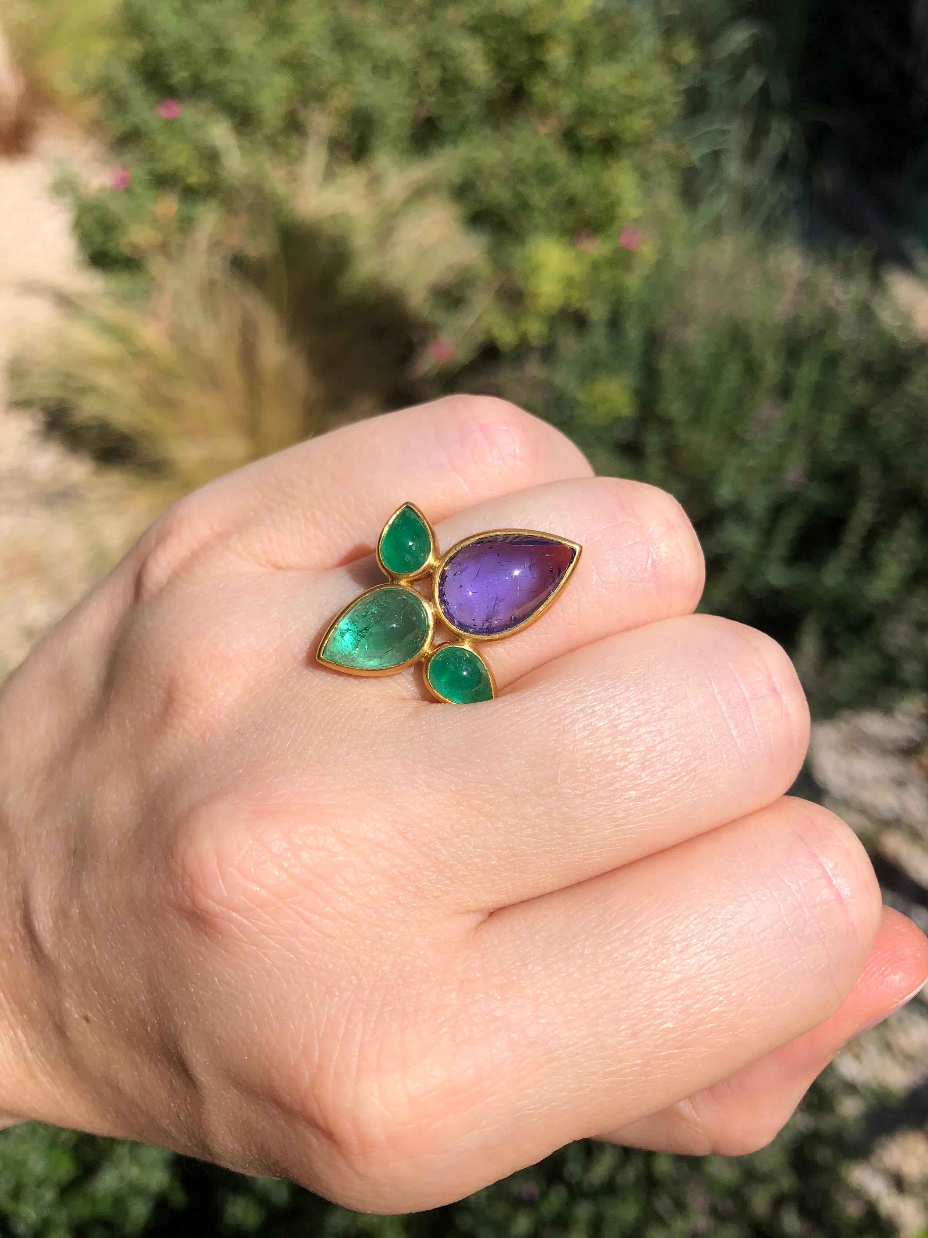 Contemporary Scrives 5.9 cts Tanzanite 5 cts Emeralds Lotus Flower 22Karat Gold Cocktail Ring