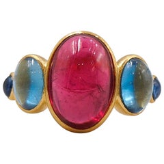 Scrives 5.92 Carat Rubelite Aquamarine Sapphire Cabochons 22 Karat Gold Ring