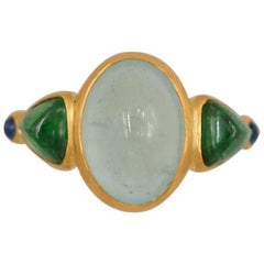 Scrives 5.93 Carat Aquamarine Cabochon Tsavorite Sapphire 22 Karat Gold Ring