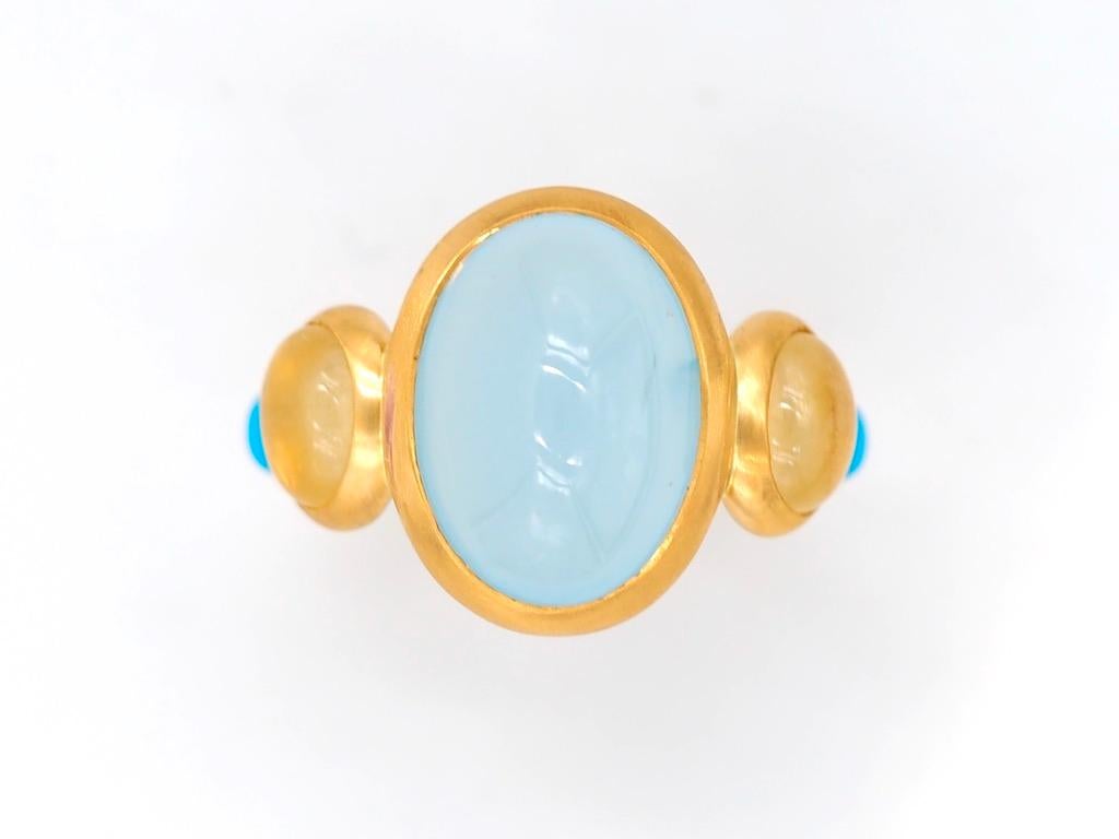 Scrives 7.35 Carat Aquamarine Yellow Sapphire Turquoise Cabochon 22Kt Gold Ring 5