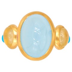 Bague Scrives en or 22 carats avec aigue-marine, saphir jaune, turquoise et cabochon de 7,35 carats