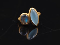 Esculturas Aguamarina Marquesa Labradorita Cabujón Oro 22Kt Racimo Anillo Hecho a Mano