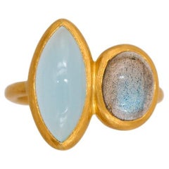 Scrives Aquamarine Marquise Labradorite Cabochon 22Kt Gold Cluster Handmade Ring