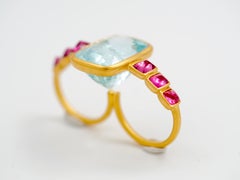 Scrives Aquamarine Spinels Double Finger 22 Karat Gold Cocktail Ring