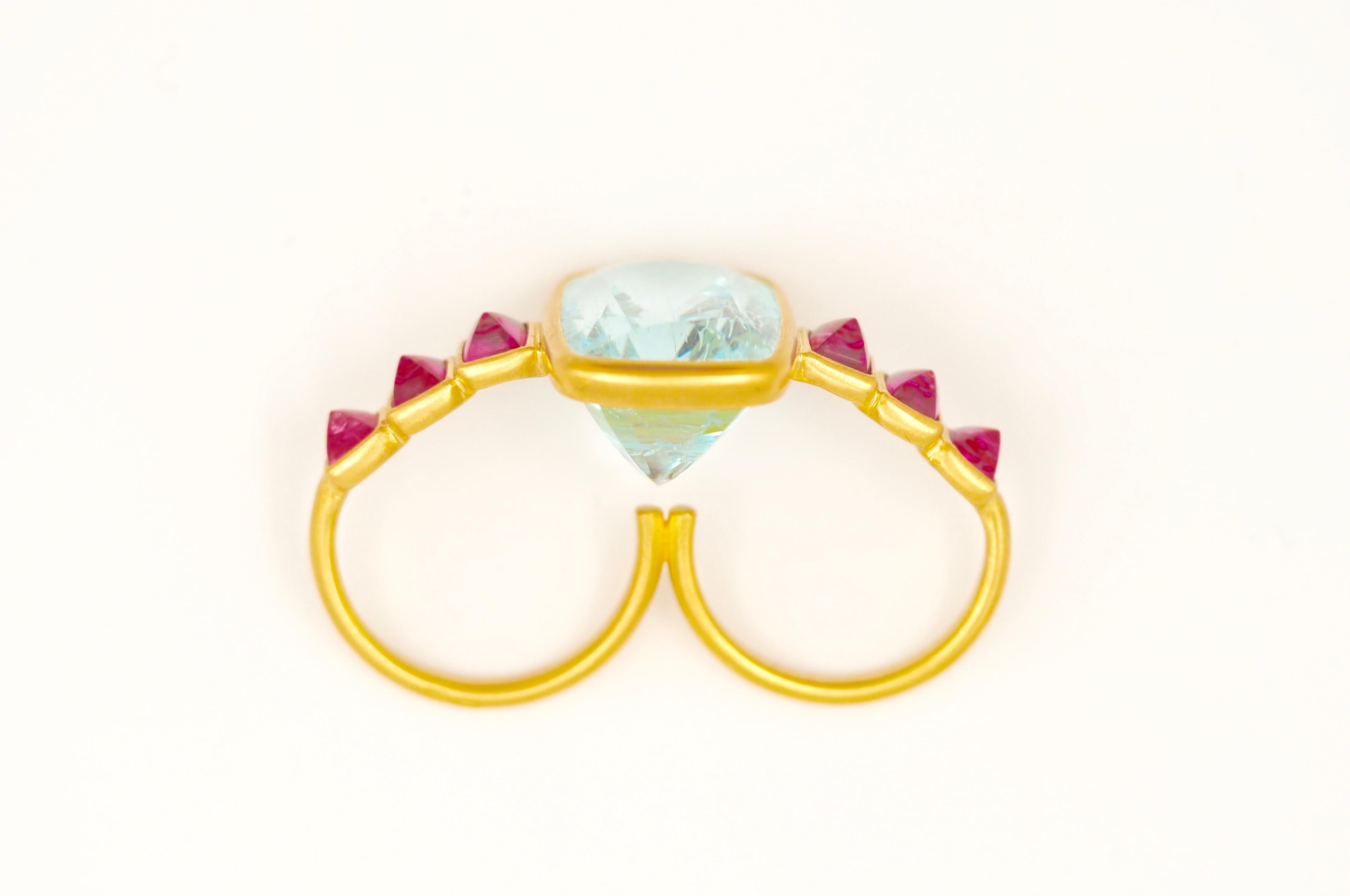 Emerald Cut Scrives Aquamarine Spinels Double Finger 22 Karat Gold Cocktail Ring For Sale