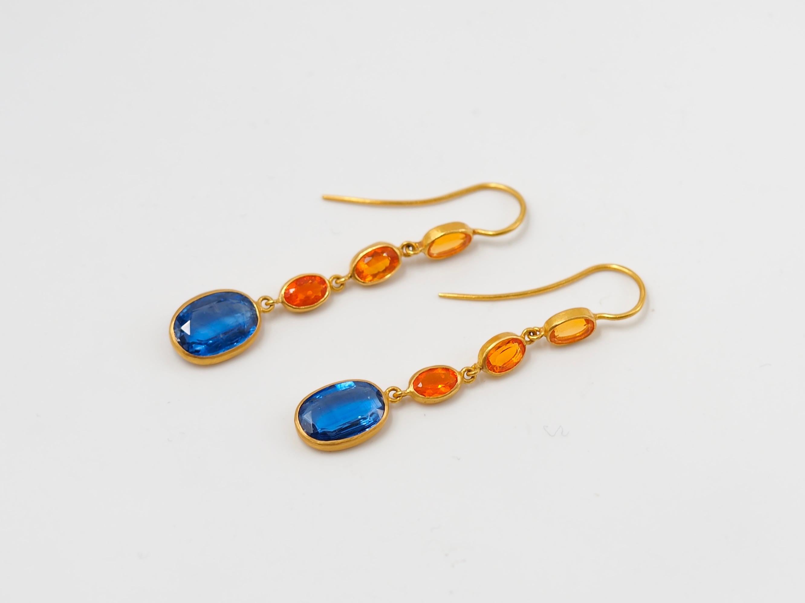 Contemporary Scrives Blue Kyanite Fire Opal 22 karat Gold Drop Dangle Earrings