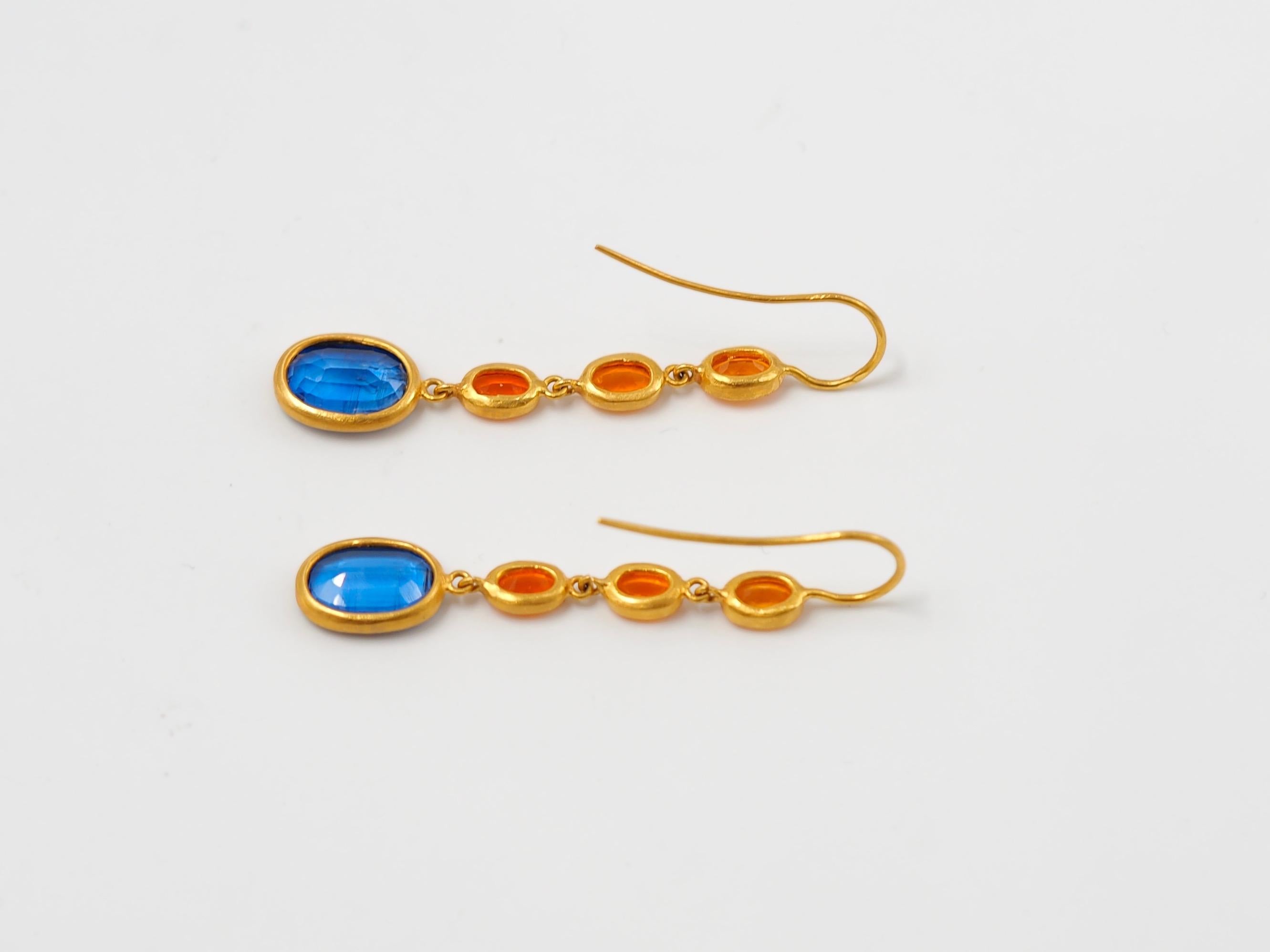 Oval Cut Scrives Blue Kyanite Fire Opal 22 karat Gold Drop Dangle Earrings
