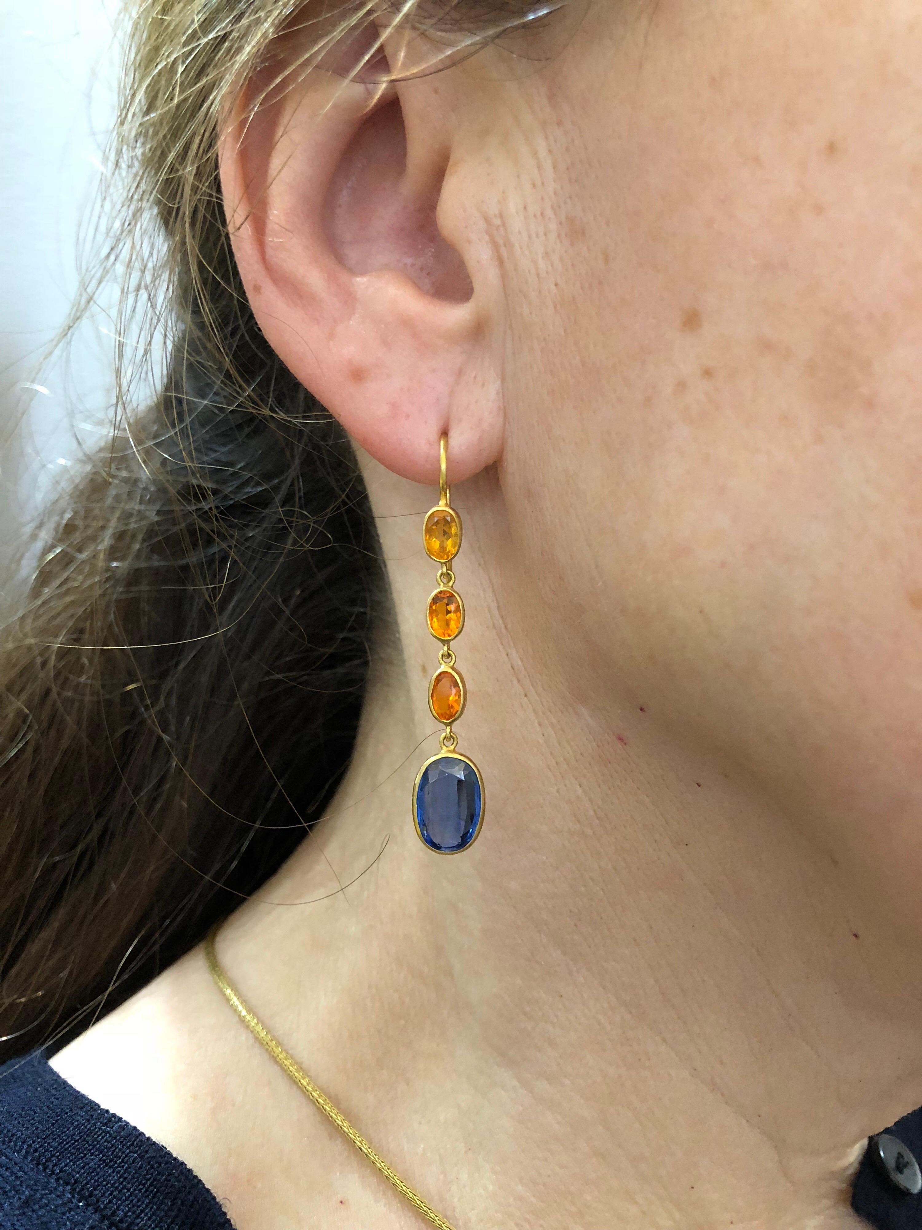Women's Scrives Blue Kyanite Fire Opal 22 karat Gold Drop Dangle Earrings
