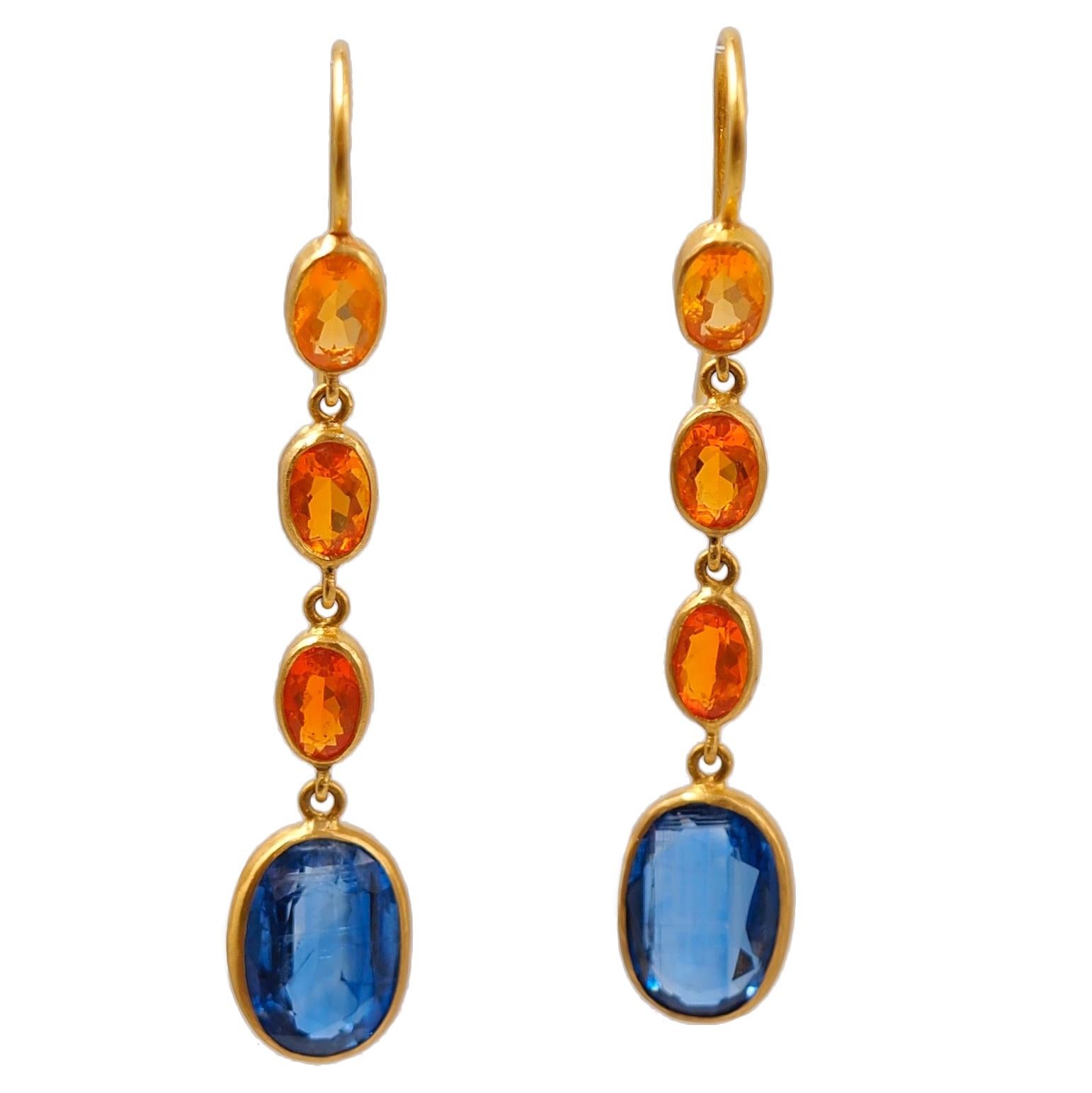 Scrives Blue Kyanite Fire Opal 22 karat Gold Drop Dangle Earrings