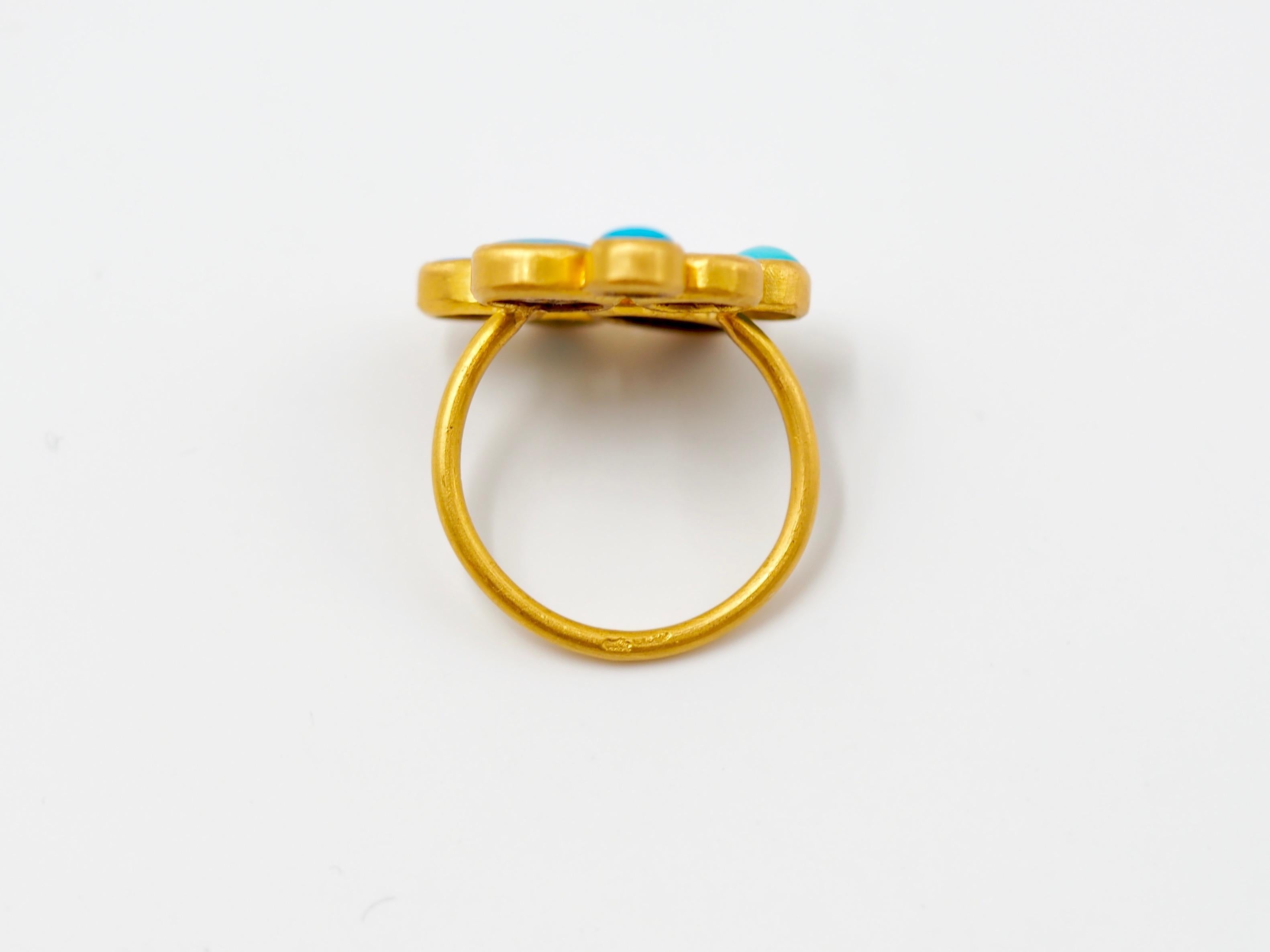Women's Scrives 4 Blue Opal Turquoise 22 Karat Gold Cabochons Handmade Cocktail Ring For Sale
