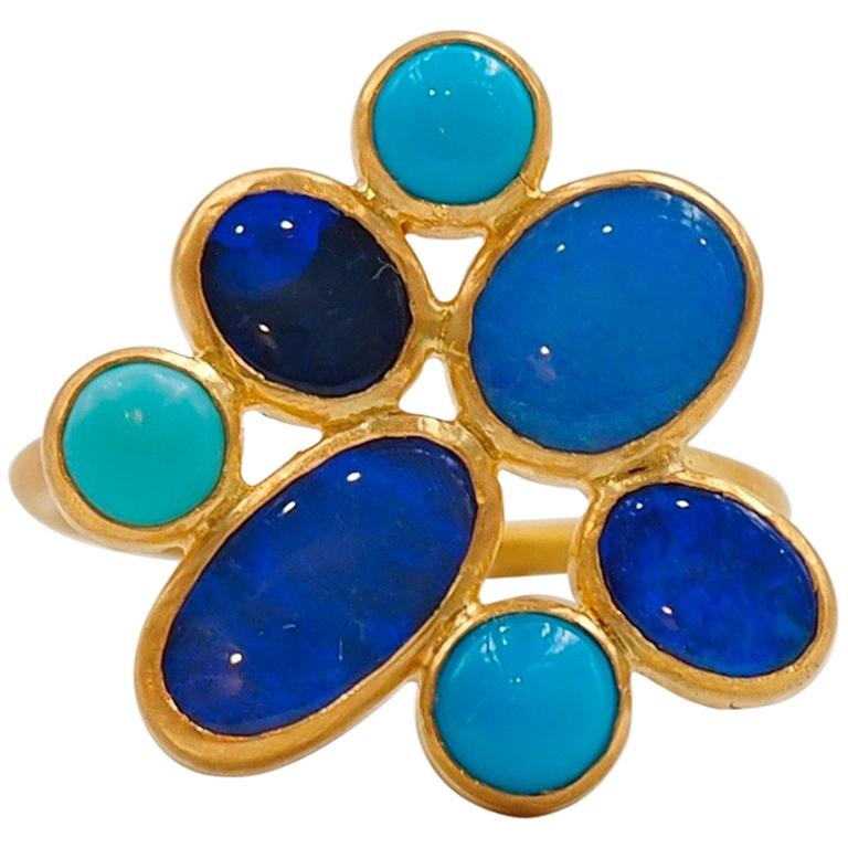 Bague cocktail Scrives en or 22 carats avec 4 opales bleues, turquoises et cabochons, faite à la main