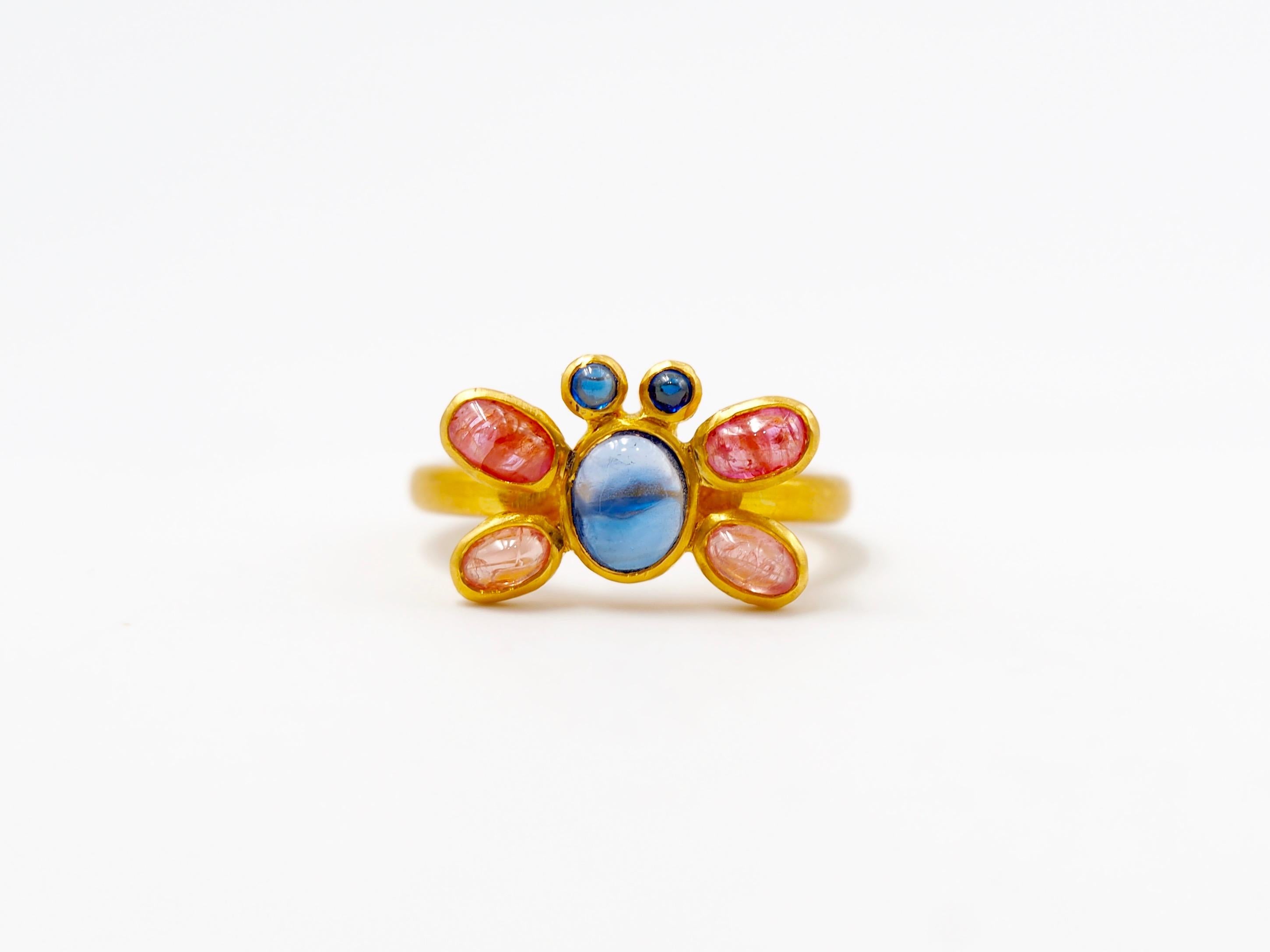 Contemporary Scrives Butterfly Multicolour Sapphire Cabochon 22 Karat Gold Ring