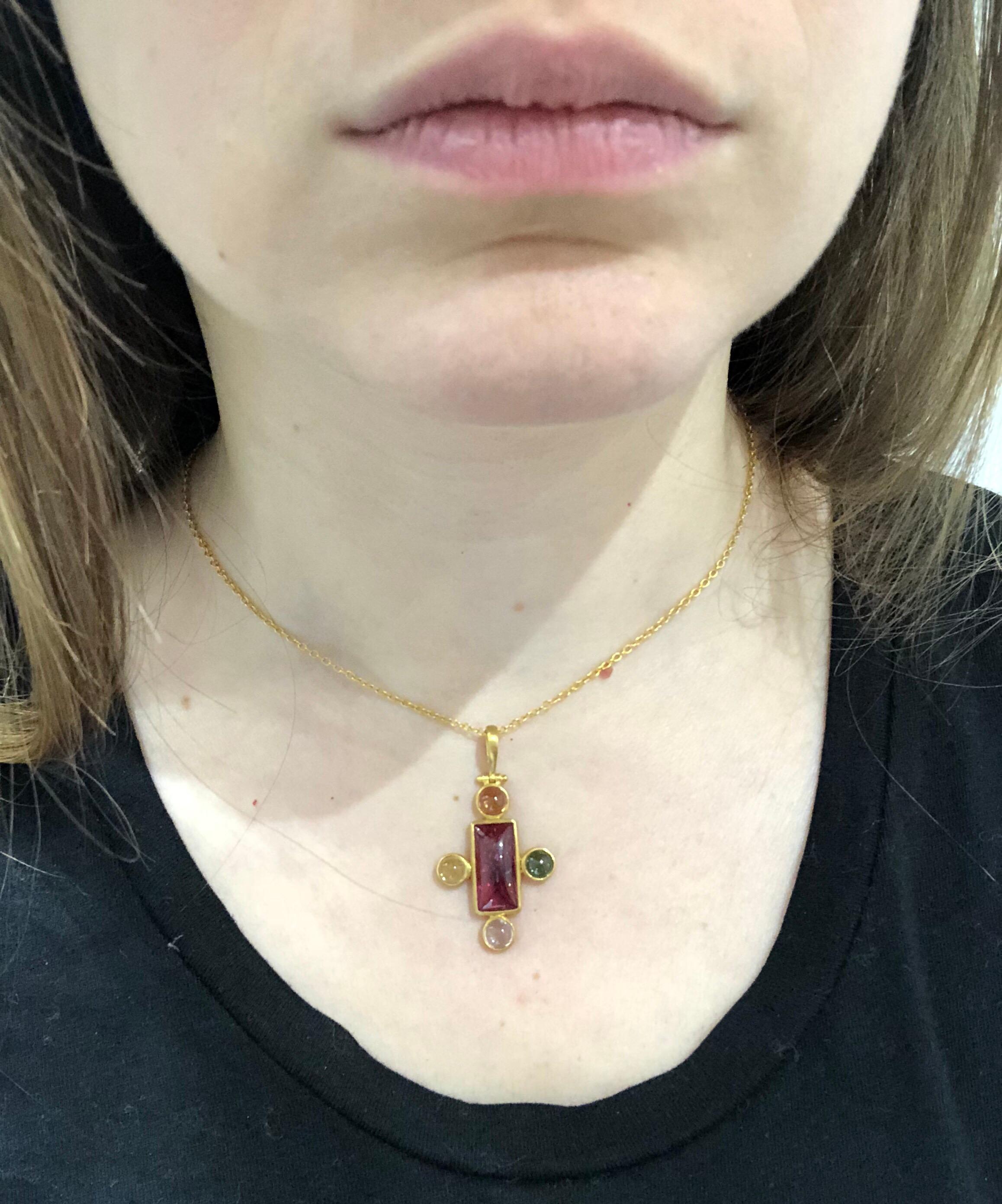 Scrives Cross Rubelite Sugarloaf Tourmaline 22 karat Gold Pendant  2