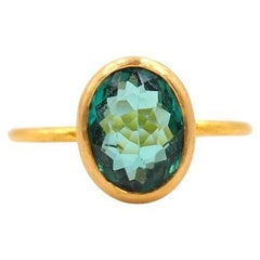 Scrives Deep Green Tourmaline Faceted Oval 22 Karat Gold Cluster Handmade Ring