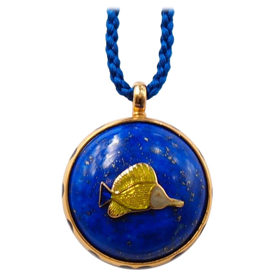 Scrives Lapis Lazuli Double Side Fish Mina Kari Enamel 23 Karat Gold Pendant