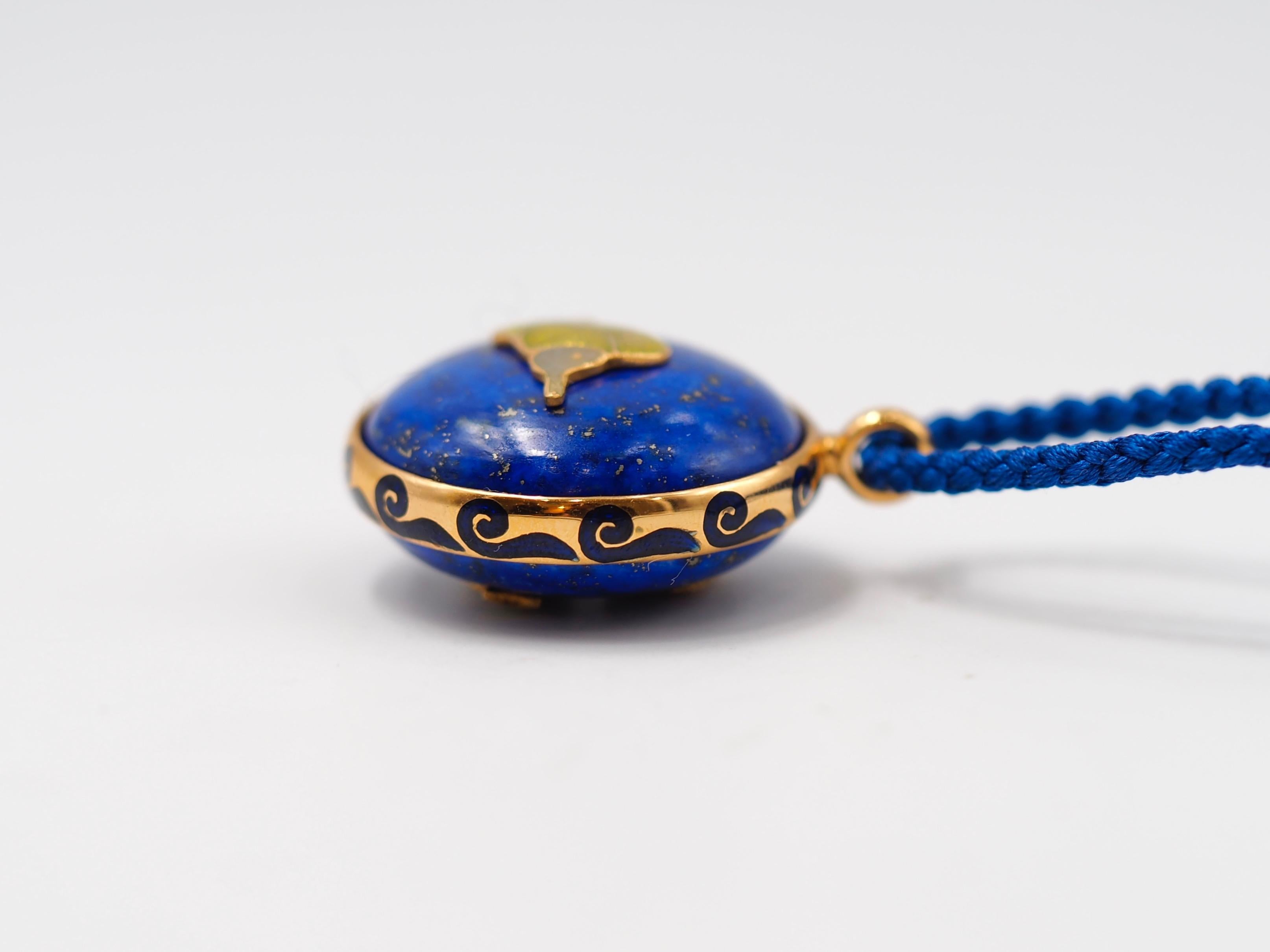Cabochon Scrives Lapis Lazuli Double Side Fish Mina Kari Enamel 23 Karat Gold Pendant