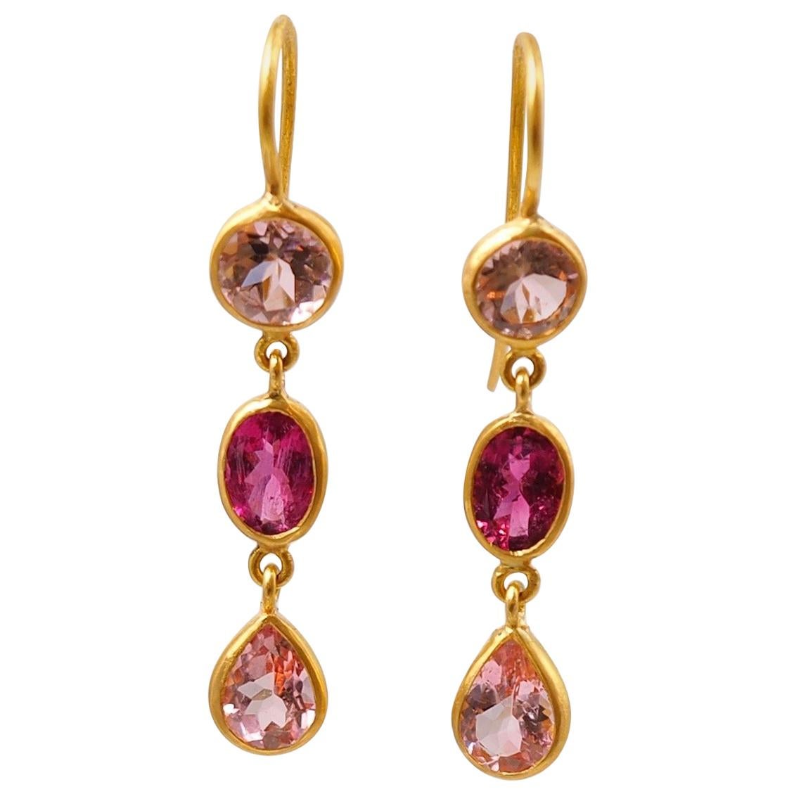 Scrives Light and Purple Pink Tourmaline 22 karat Gold Earrings