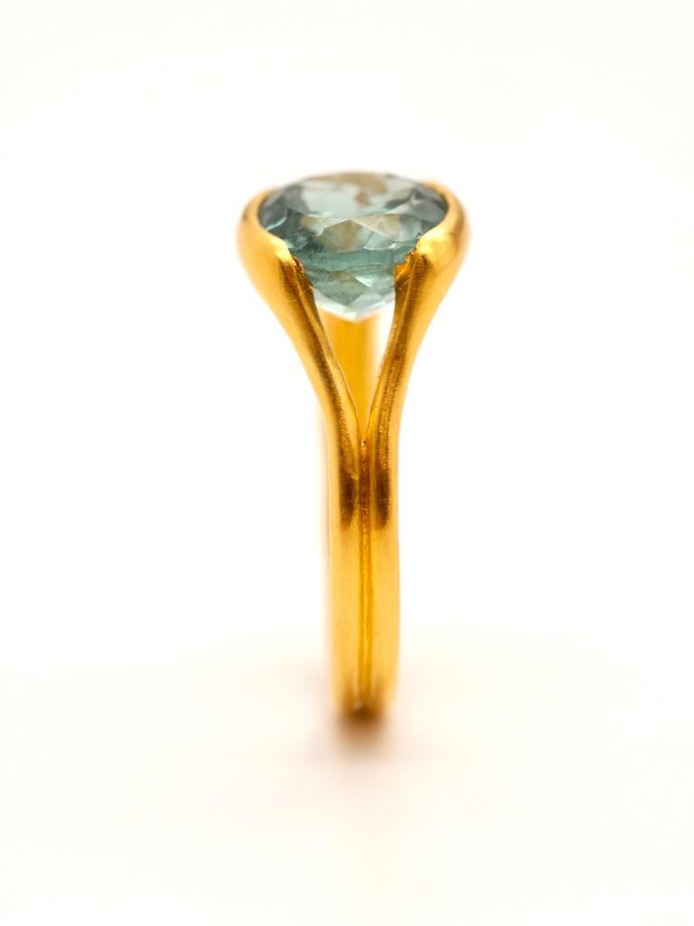 Contemporary Scrives Light Blue Green Tourmaline 22 Karat Gold Handmade Cocktail Ring For Sale