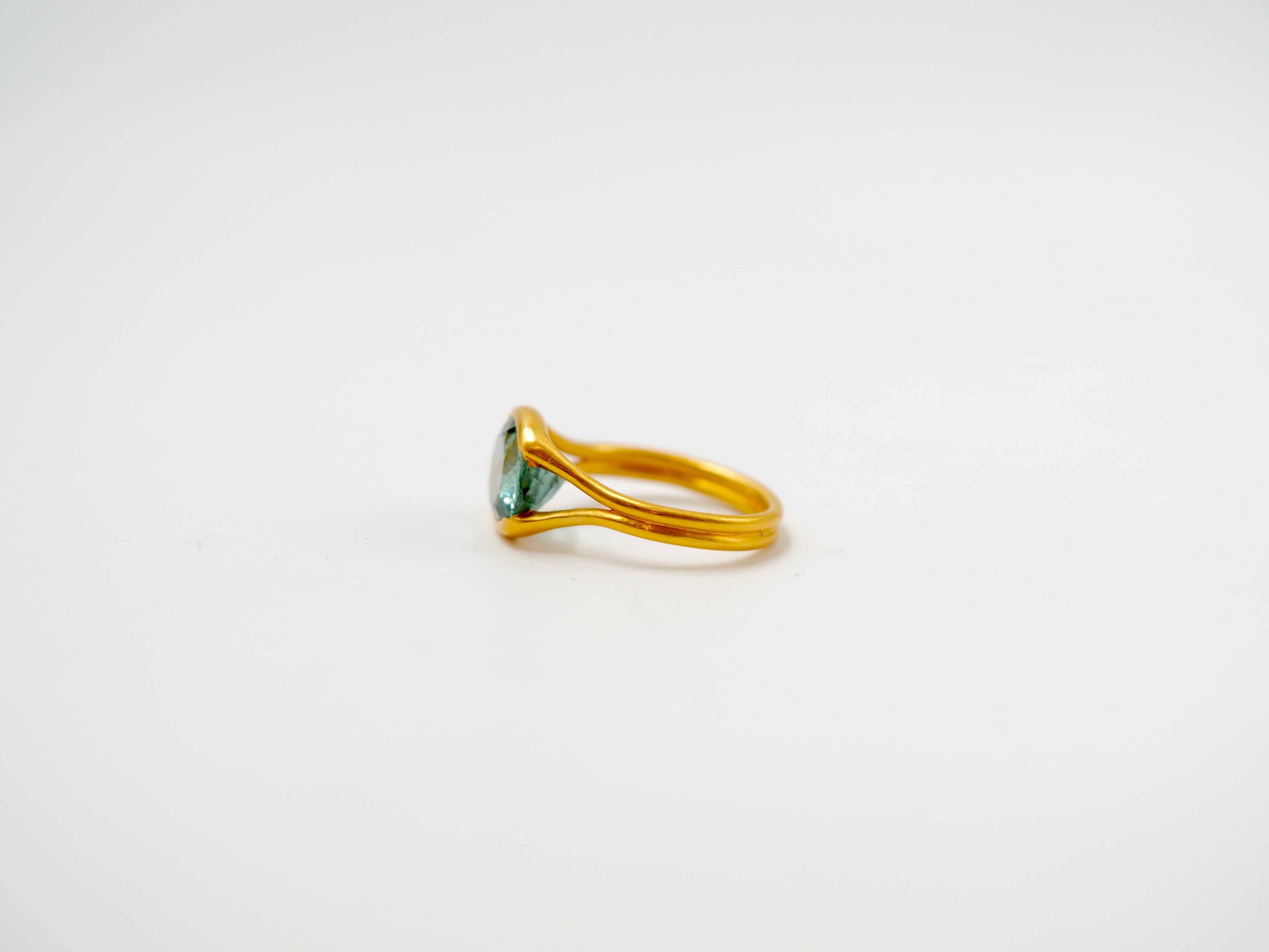Women's or Men's Scrives Light Blue Green Tourmaline 22 Karat Gold Handmade Cocktail Ring For Sale