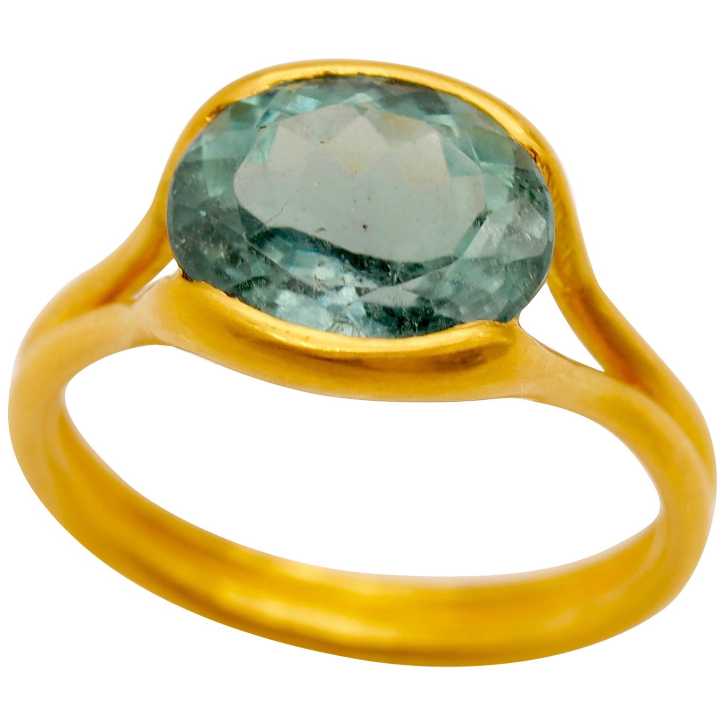 Scrives Light Blue Green Tourmaline 22 Karat Gold Handmade Cocktail Ring For Sale