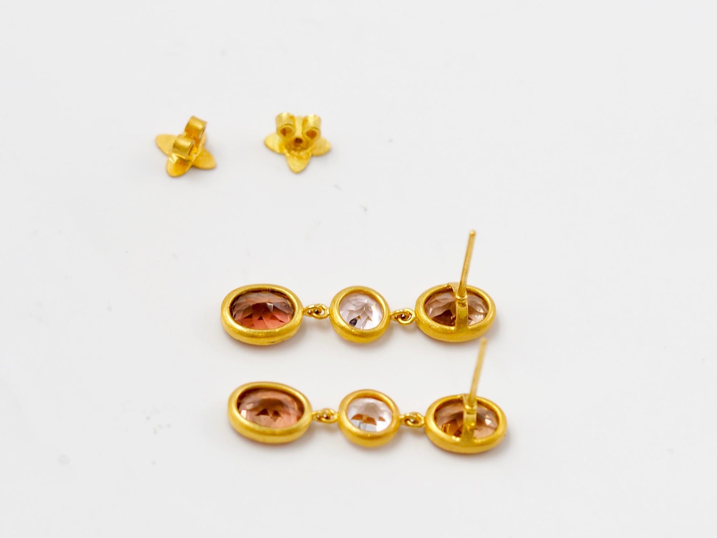 Oval Cut Scrives Orange Peach Tourmaline Morganite 22 karat Gold Earrings For Sale